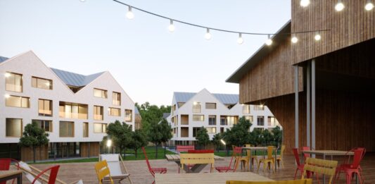 Vizualizace WOODARÉNA Ostravice – nové centrum bydlení, služeb, sportu a kultury na místě bývalé pily v Ostravici.