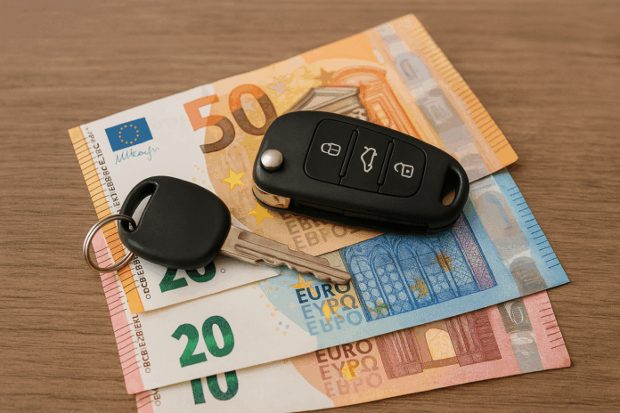Klíče od auta položené na eurových bankovkách na dřevěném stole, symbolizující financování vozidel