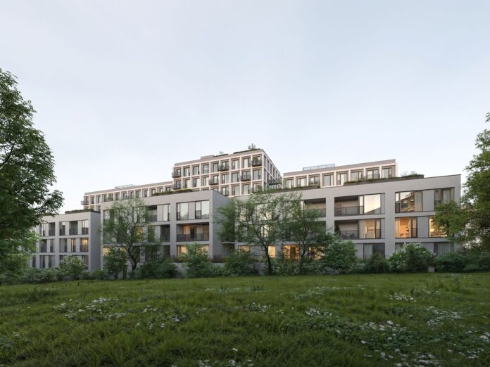 Rezidenční projekt JITRO od PSN ve Vršovicích – moderní architektura zasazená do klidného vnitrobloku s důrazem na zeleň a soukromí.