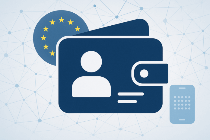 Vizualizace evropské digitální identity – bezpečná digitální peněženka propojená s mobilní aplikací a jednotným rámcem EU.