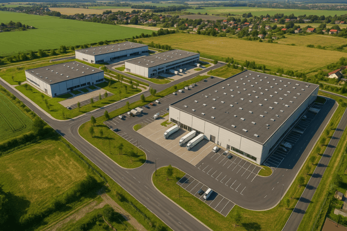 Revitalizovaný brownfield přeměněný na moderní průmyslový park s halami, dopravní infrastrukturou a zelení – příklad efektivního využití nevyužitého území v souladu s ekologickými standardy.