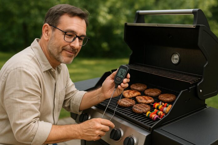 Muž kontroluje digitálním teploměrem teplotu masa na plynovém grilu během letního odpoledne. Na roštu se grilují burgery a zeleninové špízy, v pozadí je rozostřená zahrada. Obrázek vystihuje důležitost přesné teploty při grilování.