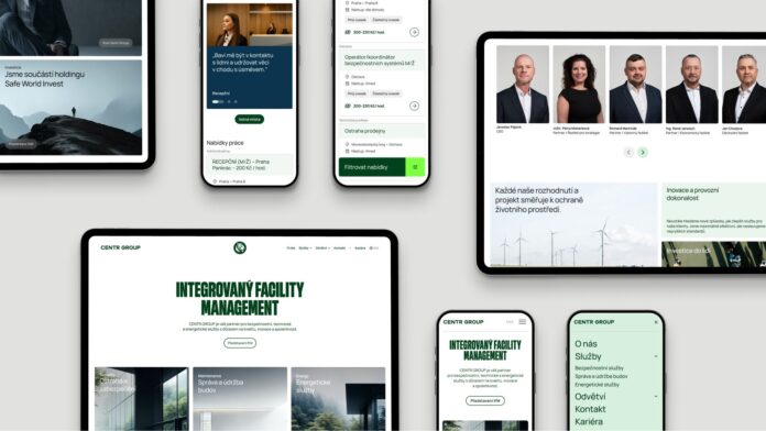 „Ukázka nové vizuální identity a responzivního webu CENTR GROUP na mobilních telefonech a tabletech. Moderní design, čisté linie a přehledná struktura služeb facility managementu.“
