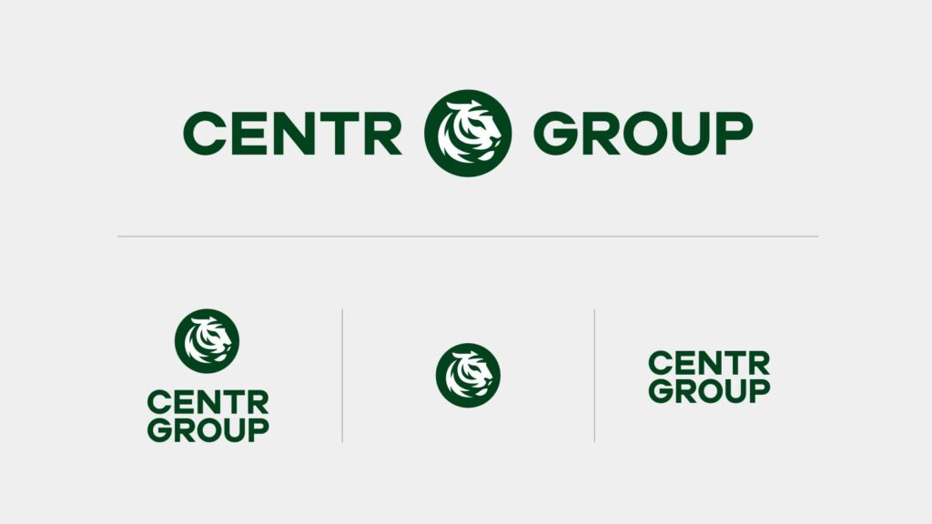 „Nové logo CENTR GROUP s ikonou lva v zeleném kruhu a různými variantami loga pro moderní vizuální identitu společnosti.“