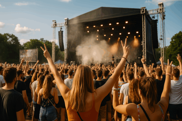 Hudební fanoušci na letním festivalu v zahraničí během slunného dne