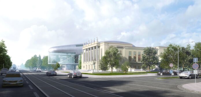 Vizualizace nové podoby koncertního sálu v Ostravě dle návrhu Stevena Holla – propojení moderní architektury s historickou budovou DKMO