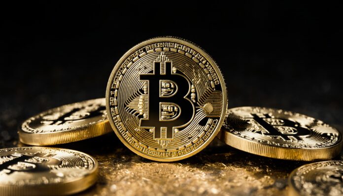 Zlatá mince s logem Bitcoinu symbolizující investici do kryptoměn