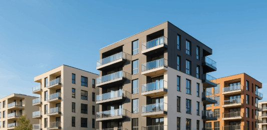 Moderní bytové domy s balkony v rezidenční čtvrti – symbol investice do nemovitostí a realitního trhu