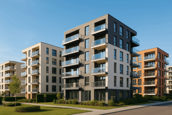 Moderní bytové domy s balkony v rezidenční čtvrti – symbol investice do nemovitostí a realitního trhu