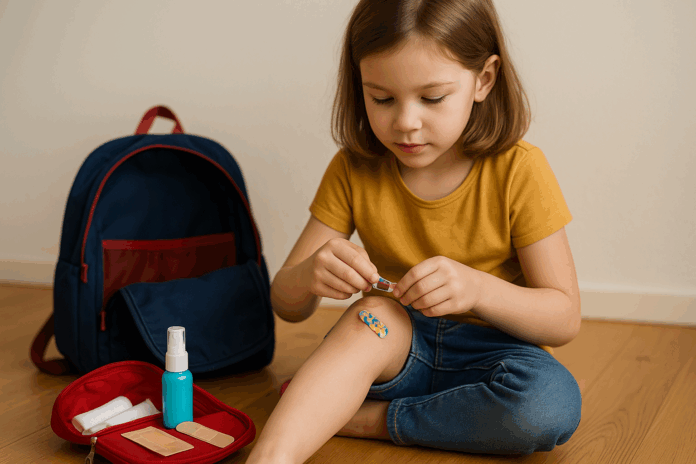 Dítě si samo ošetřuje odřené koleno náplastí, vedle má otevřenou malou lékárničku a školní batoh.