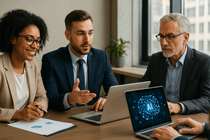 Manažeři během workshopu o praktickém využití umělé inteligence.