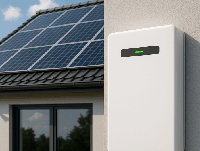 Moderní bateriové úložiště připevněné na fasádě rodinného domu s fotovoltaickými panely na střeše.