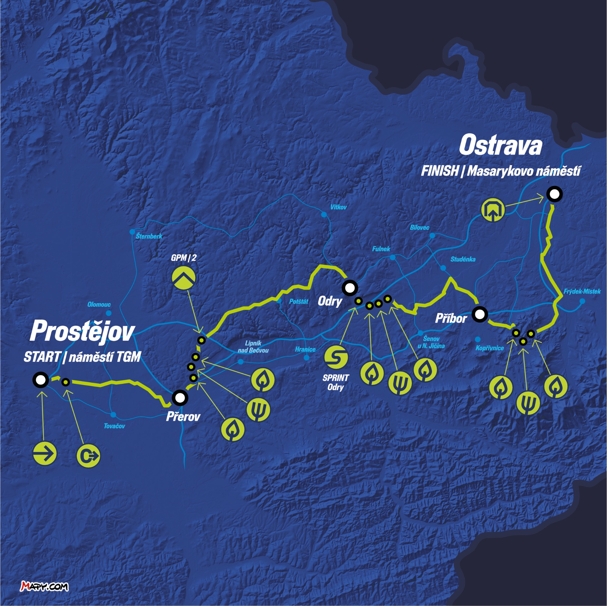 Mapa měst, kudy povede cyklistický závod. Jedním z nich je Příbor.