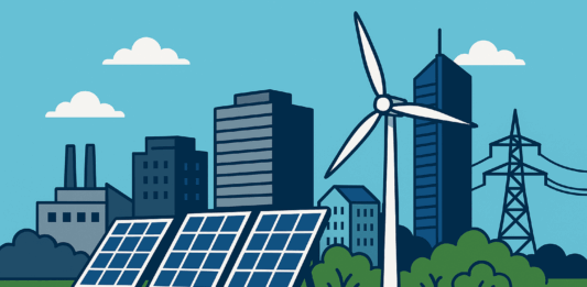 městská energetická agentura, solární panely, větrná turbína a moderní infrastruktura pro udržitelnou energetiku