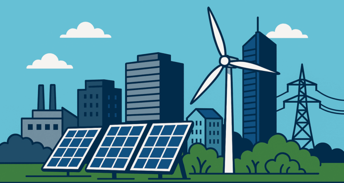 městská energetická agentura, solární panely, větrná turbína a moderní infrastruktura pro udržitelnou energetiku