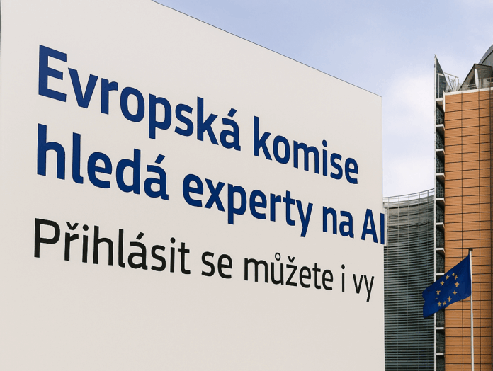 Sídlo Evropské komise v Bruselu s vlajkou EU a poutačem upozorňujícím na výzvu k zapojení expertů do tvorby Kodexu praxe pro transparentnost AI.
