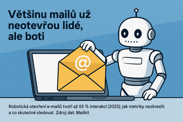 Robotická otevření e-mailů tvoří až 65 % interakcí (2025); jak metriky nezkreslit a co skutečně sledovat. Zdroj dat Mailkit.