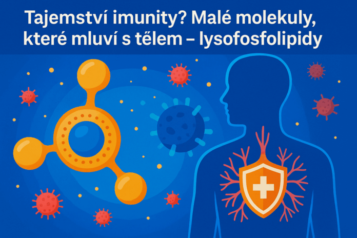 Lysofosfolipidy – malé molekuly, které podporují komunikaci mezi buňkami a přirozenou obranyschopnost těla. Symbolické propojení vědy, imunity a buněčné vitality.
