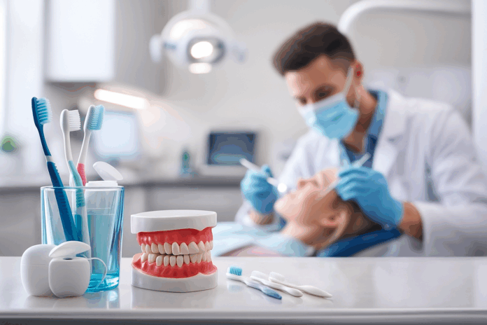 Moderní stomatologická ordinace s dentálními pomůckami v popředí – zubní kartáčky, dentální nit a model chrupu; v pozadí zubař ošetřuje pacienta.