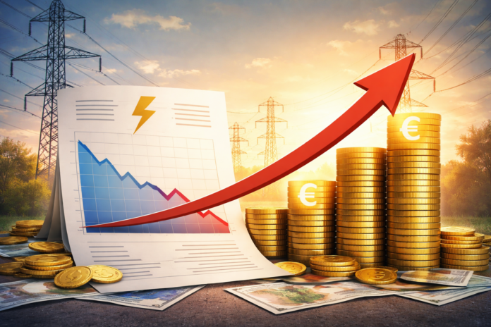 Ilustrační vizualizace energetického trhu: přenosové soustavy, klesající cenový graf a rostoucí finanční zisk symbolizující vysoké marže dodavatelů elektřiny.