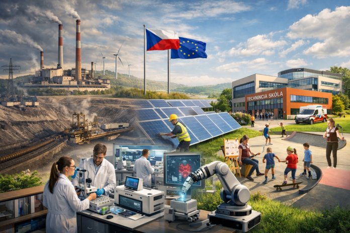 Spravedlivá transformace uhelných regionů v Česku – přechod od těžby uhlí k moderním technologiím, vzdělávání, výzkumu a udržitelnému rozvoji podporovanému EU.