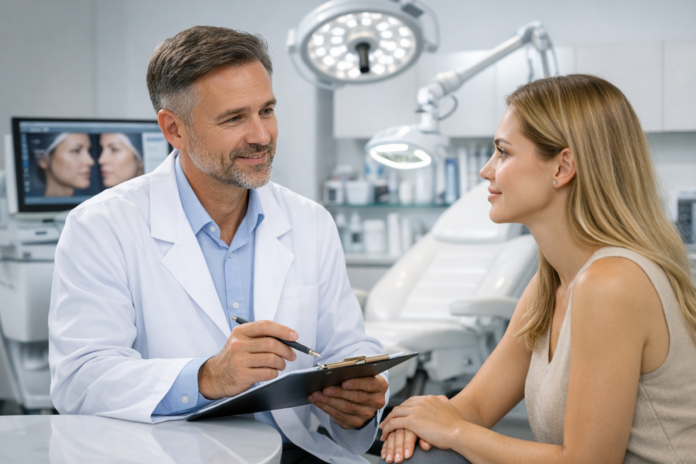 Moderní klinika estetické medicíny s lékařem a pacientem při konzultaci zákroku