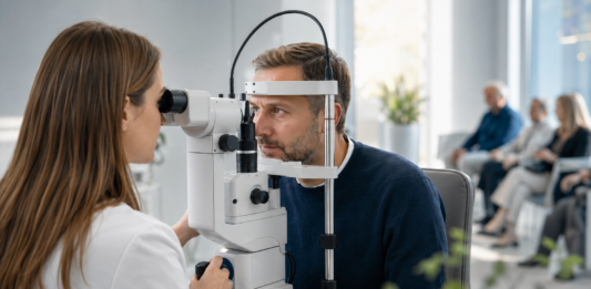 Oční vyšetření v ordinaci, kde lékař kontroluje zrak pacientky pomocí moderní diagnostiky