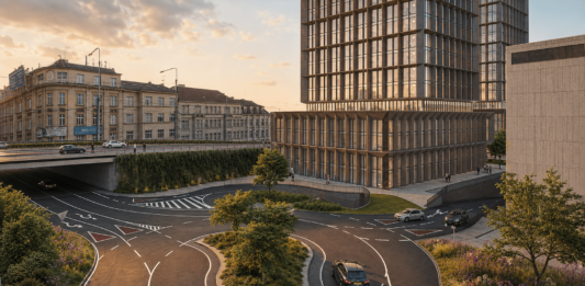 Vizualizace projektu Ostrava Towers Complex u Frýdlantských mostů v Ostravě s novým veřejným prostorem, zelení a výškovými budovami.