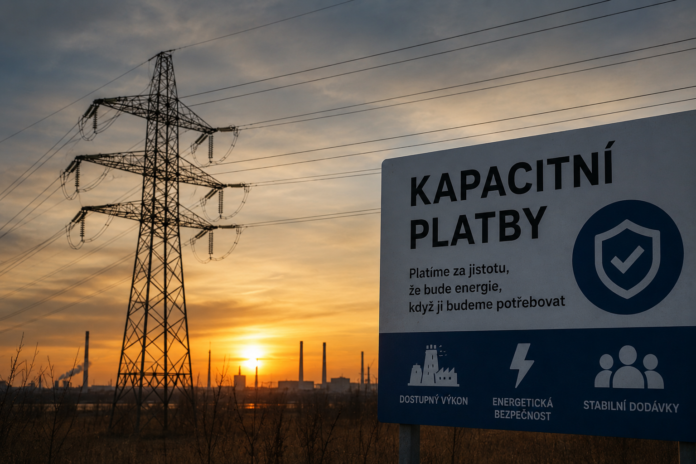 Stožár vysokého napětí symbolizující kapacitní platby a energetickou bezpečnost v Česku